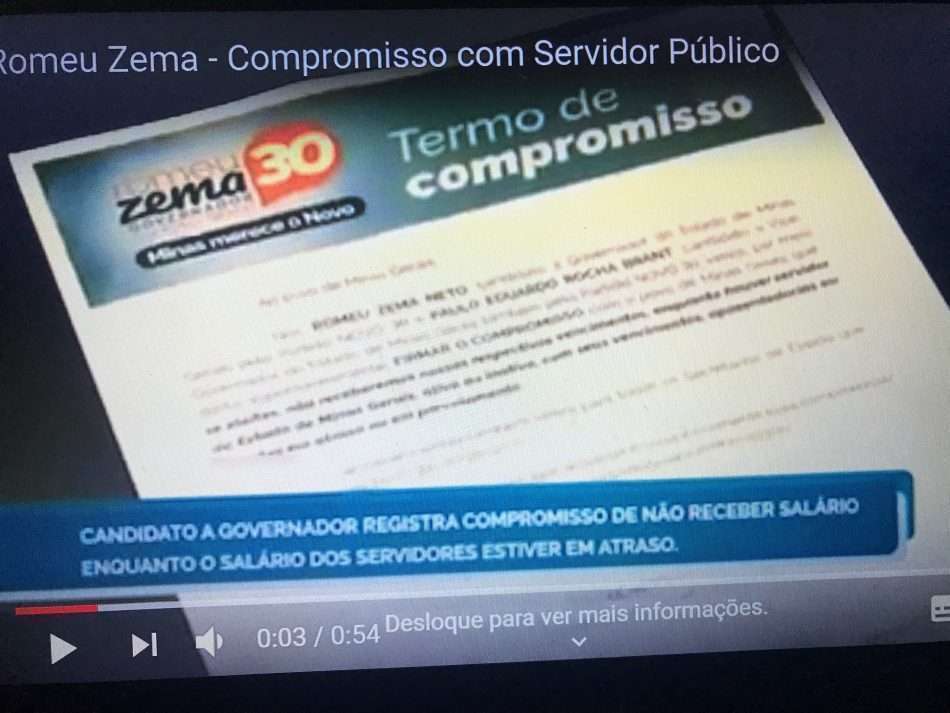 Candidato Romeu Zema assumiu em cartório compromisso de só receber salário quando vencimento do servidor estivesse em dia.
